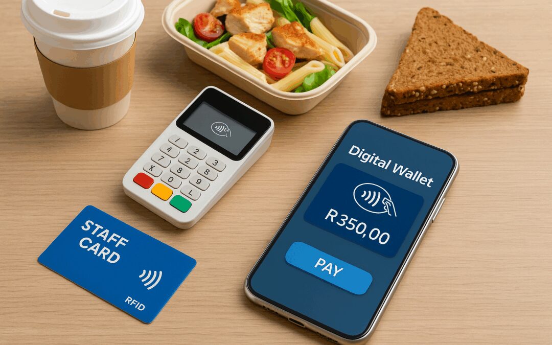 Digital wallet payment at a staff canteen, showing a phone wallet screen, RFID staff card, NFC card reader, and meal items on a table.