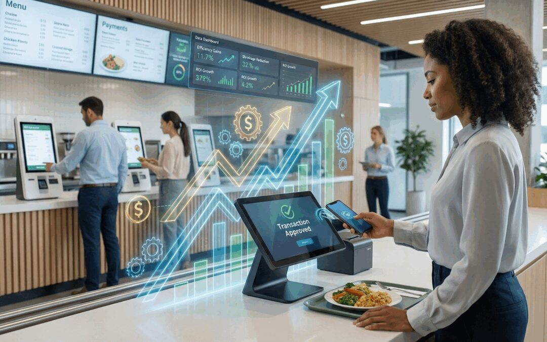 A woman uses her phone to make a cashless payment at a modern corporate canteen, with digital analytics and upward financial graphs illustrating ROI, efficiency, and the benefits of going cashless.