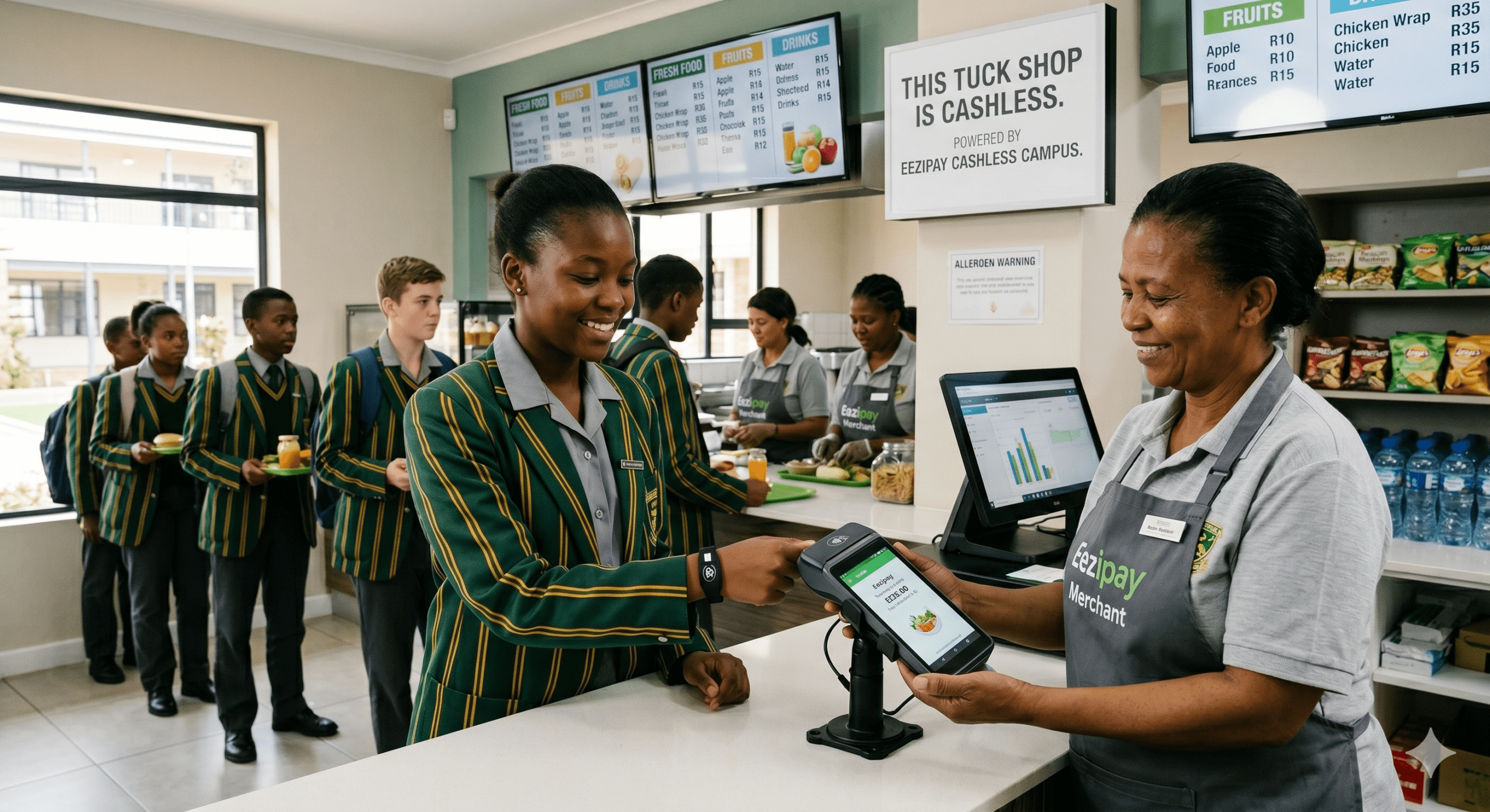A student tapping a digital wristband on a mobile payment terminal to purchase lunch, illustrating a fast and secure school tuck shop system in action.