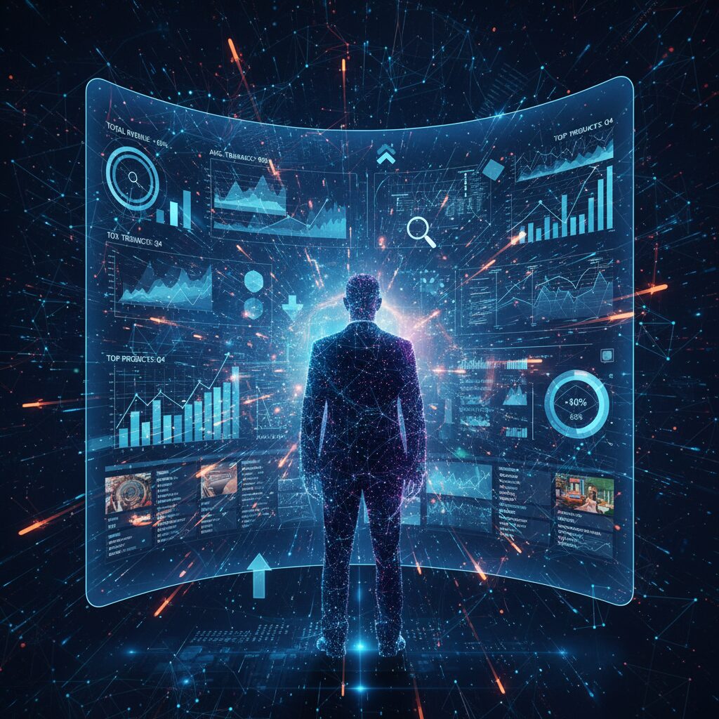 Abstract tech visualization of a manager analyzing detailed sales reports on a large, futuristic screen, with graphs, charts, and key performance indicators clearly visible, representing the powerful analytics and business intelligence benefits of a POS system.