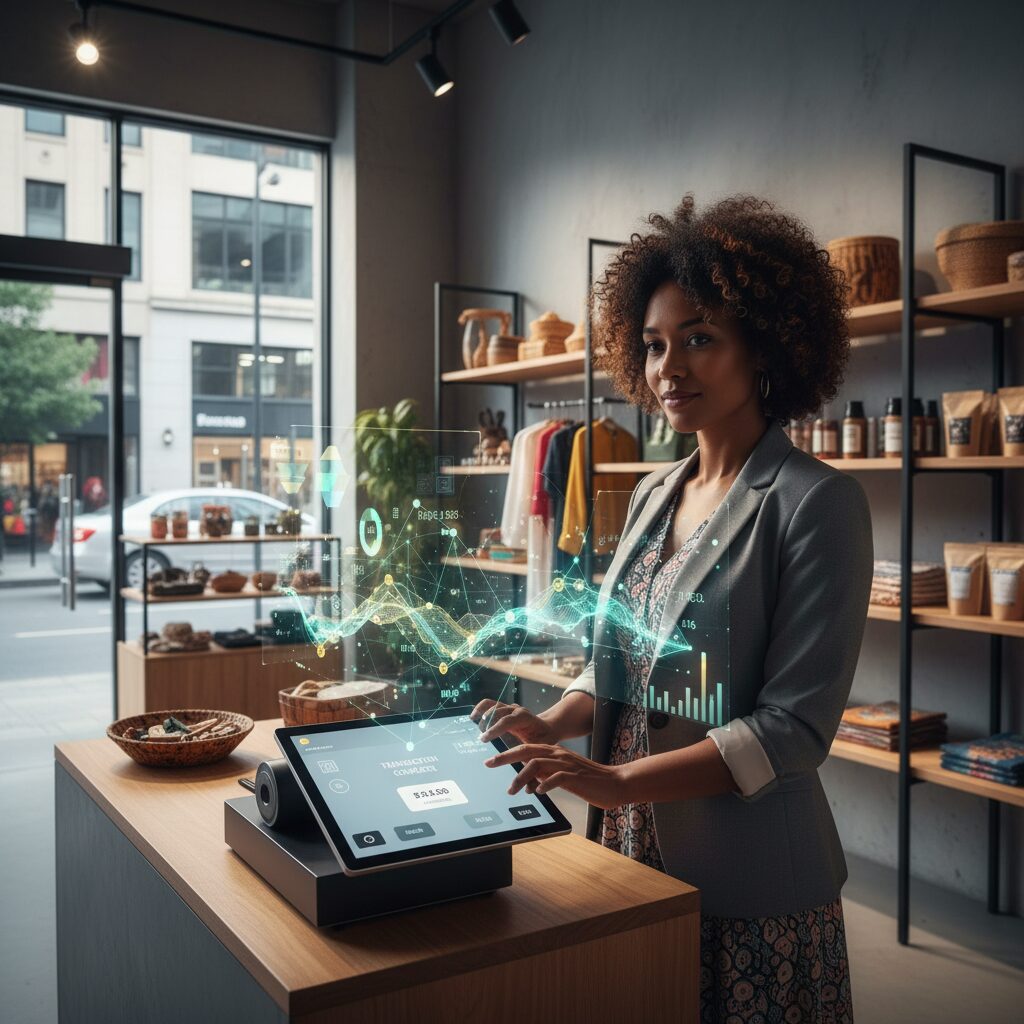 Photorealistic image of a South African business owner in a modern retail store, interacting with a sleek, clean UI on a POS terminal, with abstract data visualizations floating in the foreground representing sales analytics and inventory.