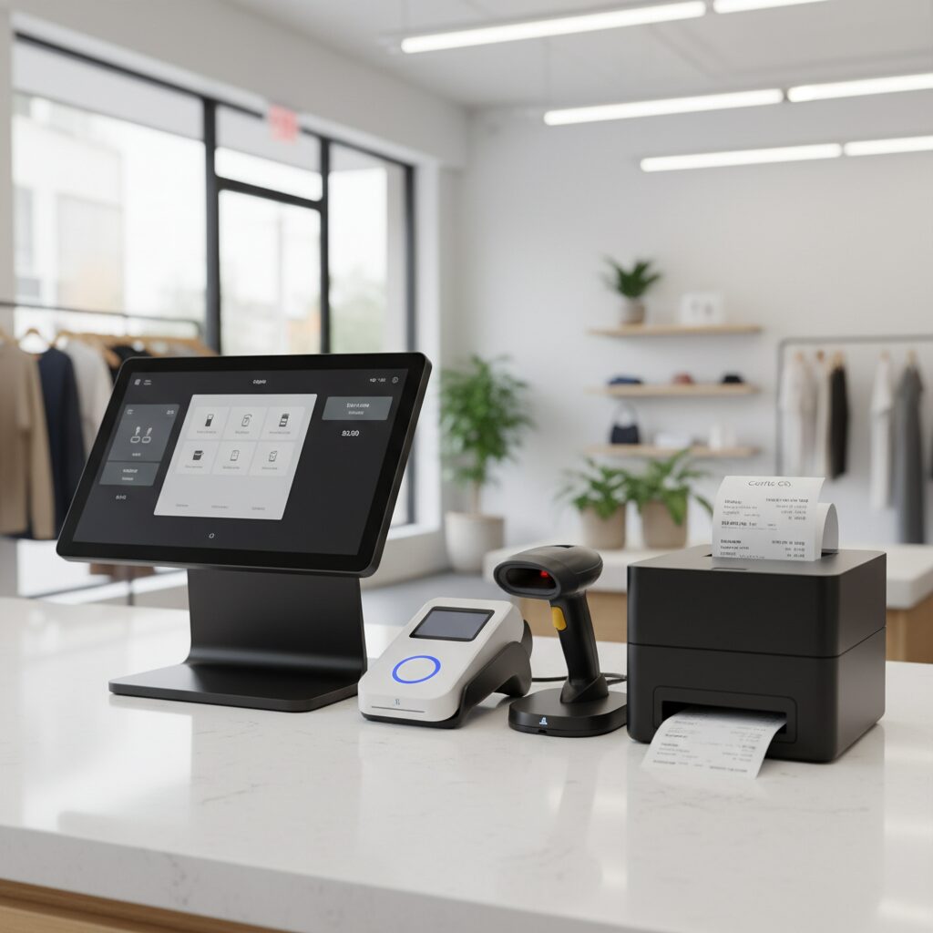 A clean, photorealistic composition showcasing the essential hardware of a modern POS system: a touchscreen terminal, a contactless payment reader, a barcode scanner, and a receipt printer, all arranged neatly on a polished counter in a bright, contemporary retail environment.