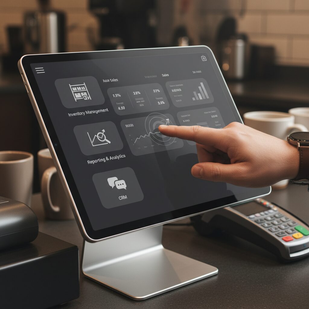 A close-up, photorealistic shot of a modern tablet-based POS screen displaying a clean UI with intuitive icons for 'Inventory Management,' 'Reporting & Analytics,' and 'CRM,' with a hand interacting with the screen.