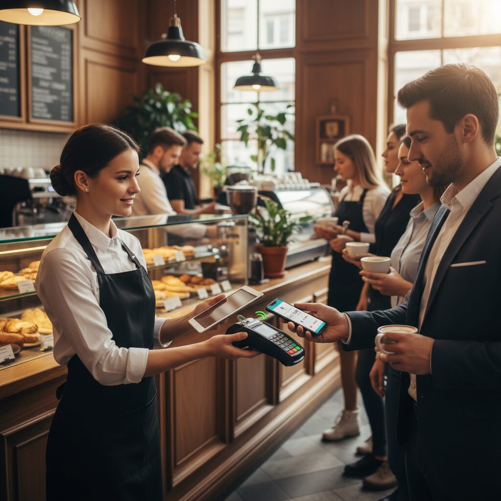 Dynamic photorealistic shot within a busy, upscale cafe where a staff member is taking a contactless payment from a customer in line using a tablet and a mobile card reader. The focus is on speed, a seamless customer experience, and the reduction of queues in a high-volume environment.