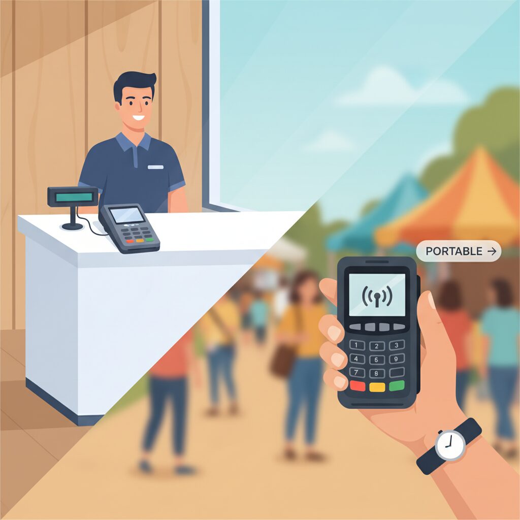Corporate illustration showing two distinct environments. One side features a static, fixed card terminal integrated into a retail checkout counter. The other side shows a hand holding a compact, wireless mobile card machine against a blurred background of a bustling outdoor event, visually representing the core difference in portability.