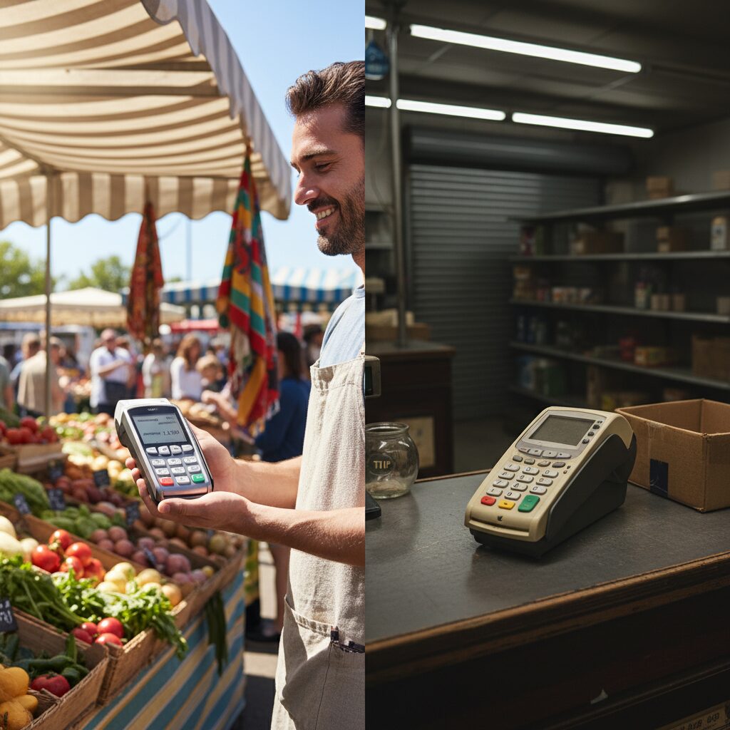 Photorealistic split-screen image. On the left, a sleek, modern mobile card machine being used by a professional in a bright, outdoor market setting. On the right, a bulky, traditional fixed card terminal on a static, empty checkout counter in a dimly lit store, highlighting the contrast between old and new technology.