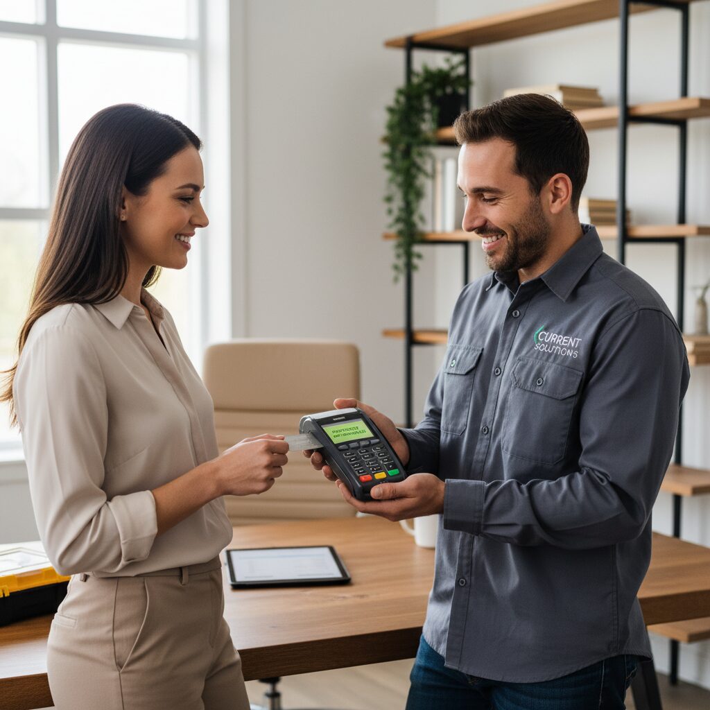 A photorealistic scene of a professional service provider, like an electrician or consultant, accepting a payment from a client in a modern home office using a handheld mobile card machine. The image should convey trust, efficiency, and the convenience of completing a transaction on-site.
