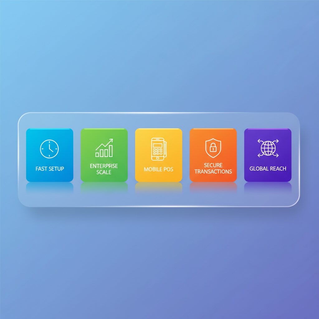 A clean corporate illustration showing five distinct, colorful blocks arranged on a sleek digital interface, each block representing a different payment gateway with icons symbolizing their key strengths like 'fast setup,' 'enterprise scale,' and 'mobile POS.'