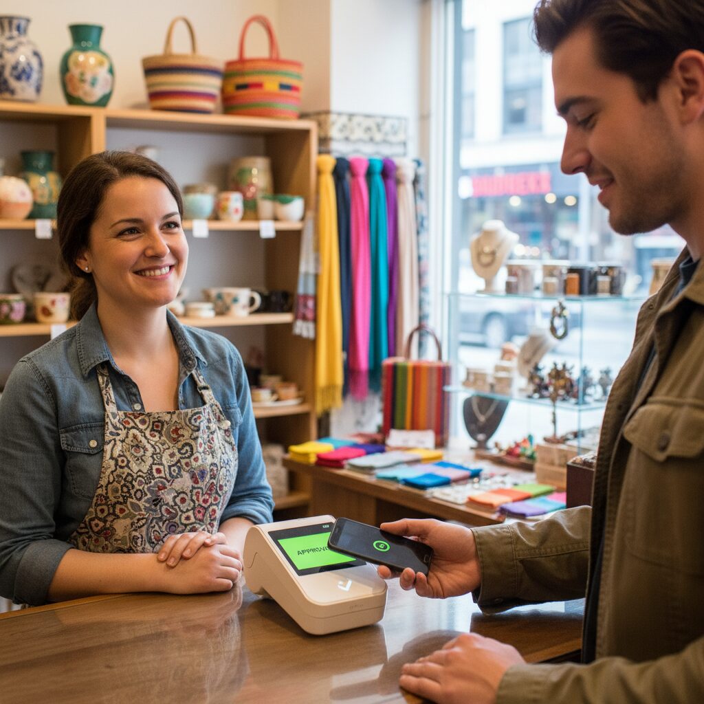 A close-up, photorealistic shot of a small business owner in her vibrant shop, smiling as a customer completes a purchase by tapping their phone on a modern payment terminal, illustrating a seamless mobile-first transaction.