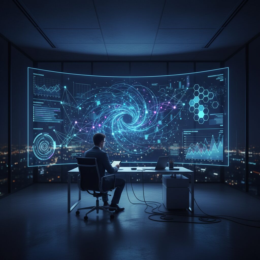 An abstract tech data visualization showing a complex, glowing web of recurring global transactions and subscription data, being analyzed by a professional on a large screen in a dark, modern B2B corporate office setting.