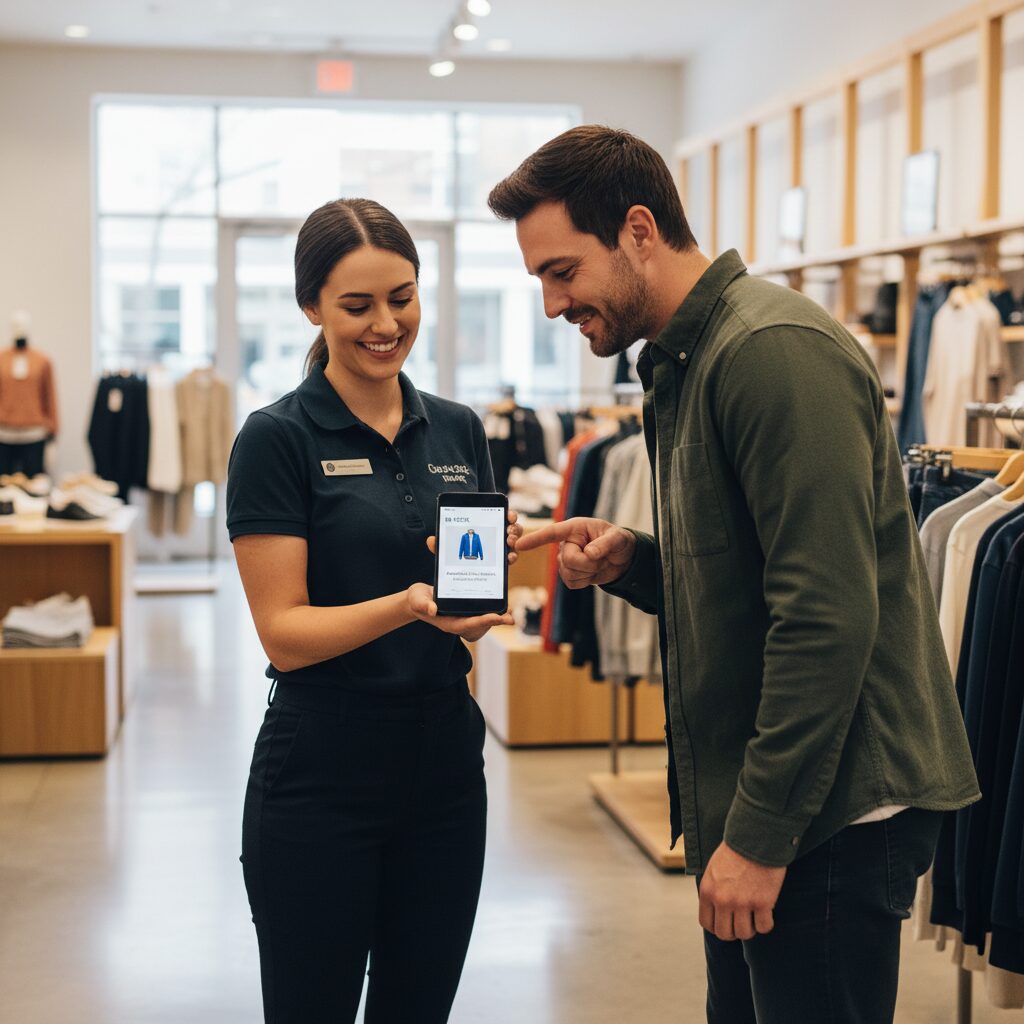 Photorealistic scene in a modern retail store where a staff member uses a mobile Android POS terminal to help a customer check inventory directly on the sales floor. The focus is on the positive, helpful interaction, showcasing the convenience and enhanced service delivery of mobile technology.