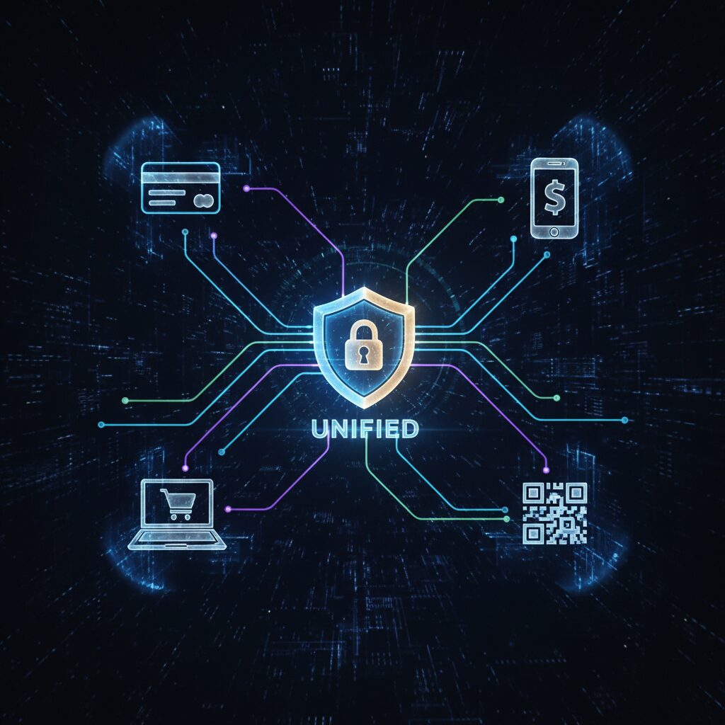 Abstract tech data visualization that illustrates an integrated payment ecosystem. Glowing icons representing a credit card, a smartphone, a QR code, and a laptop are connected by a network of light paths, all converging on a central, secure shield icon, representing a unified strategy.