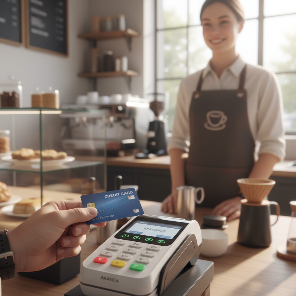 A professional, photorealistic close-up of a customer making a contactless card payment at a modern cafe. The focus is on the credit card tapping a sleek POS terminal, with the barista in a branded apron smiling in the softly blurred background, illustrating a seamless and trusted transaction.