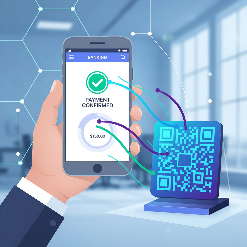 Corporate illustration showing a person's hand holding a smartphone to scan a QR code for payment. The phone screen shows a clean UI design of a banking app confirming the transaction, with abstract data visualization lines flowing from the phone to the QR code, representing a fast and secure digital payment.