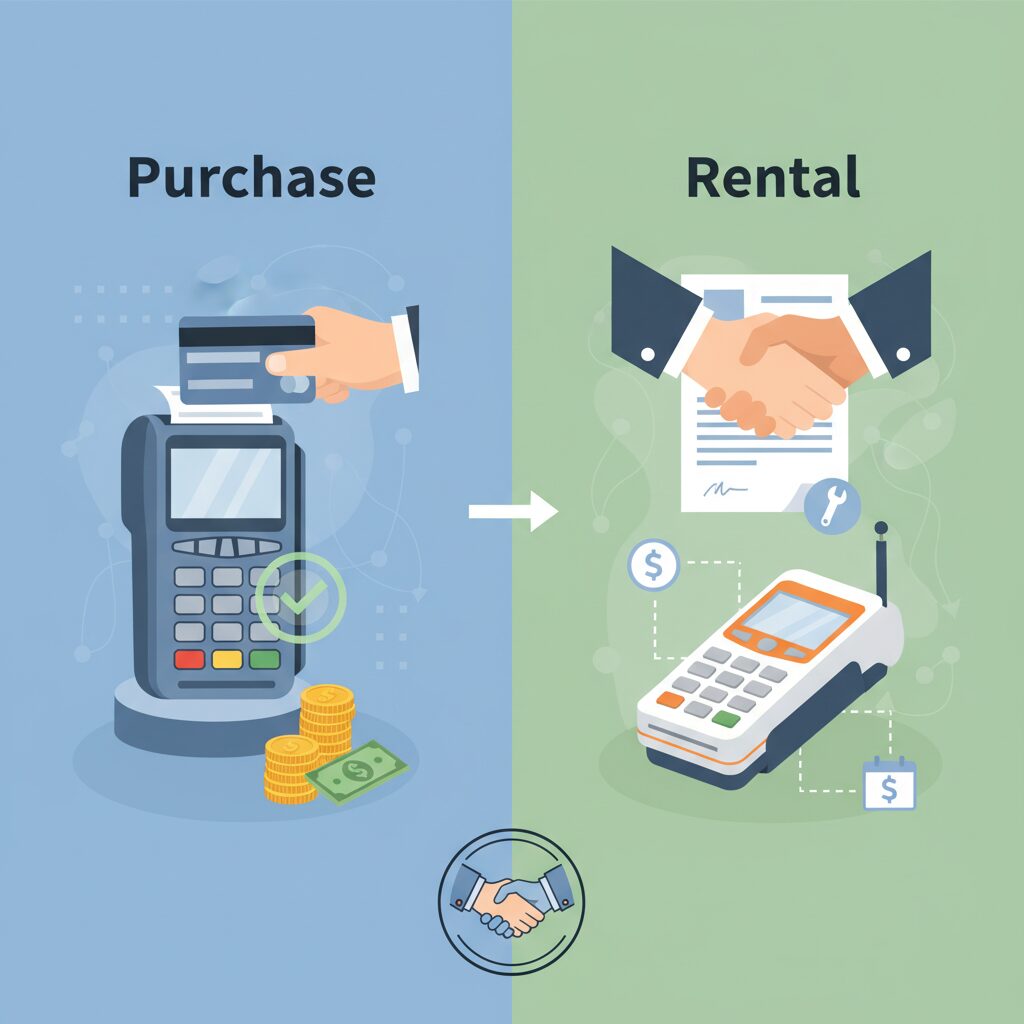 Corporate illustration depicting a split-screen view: on the left, a hand makes a once-off payment for a sleek card machine (Purchase), while on the right, two hands shake over a rental contract with a different device (Rental), symbolizing a service agreement.