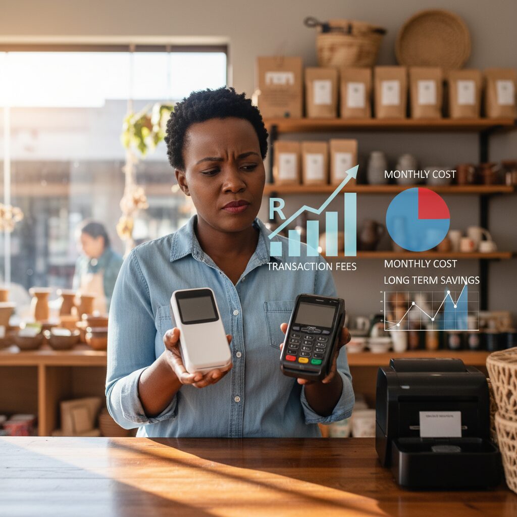 Abstract tech data visualization showing two competing line graphs on a sleek digital interface, one representing rising rental costs and the other showing the long-term flatline cost of a purchased device, illustrating a core financial comparison from the article.