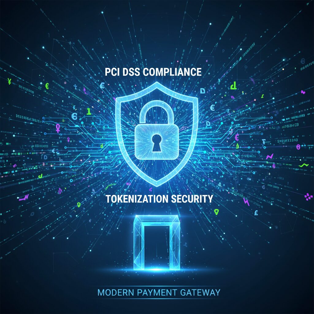 An abstract tech illustration showing a glowing digital lock and shield protecting streams of financial data, representing the robust PCI DSS compliance and tokenization security of a modern payment gateway.