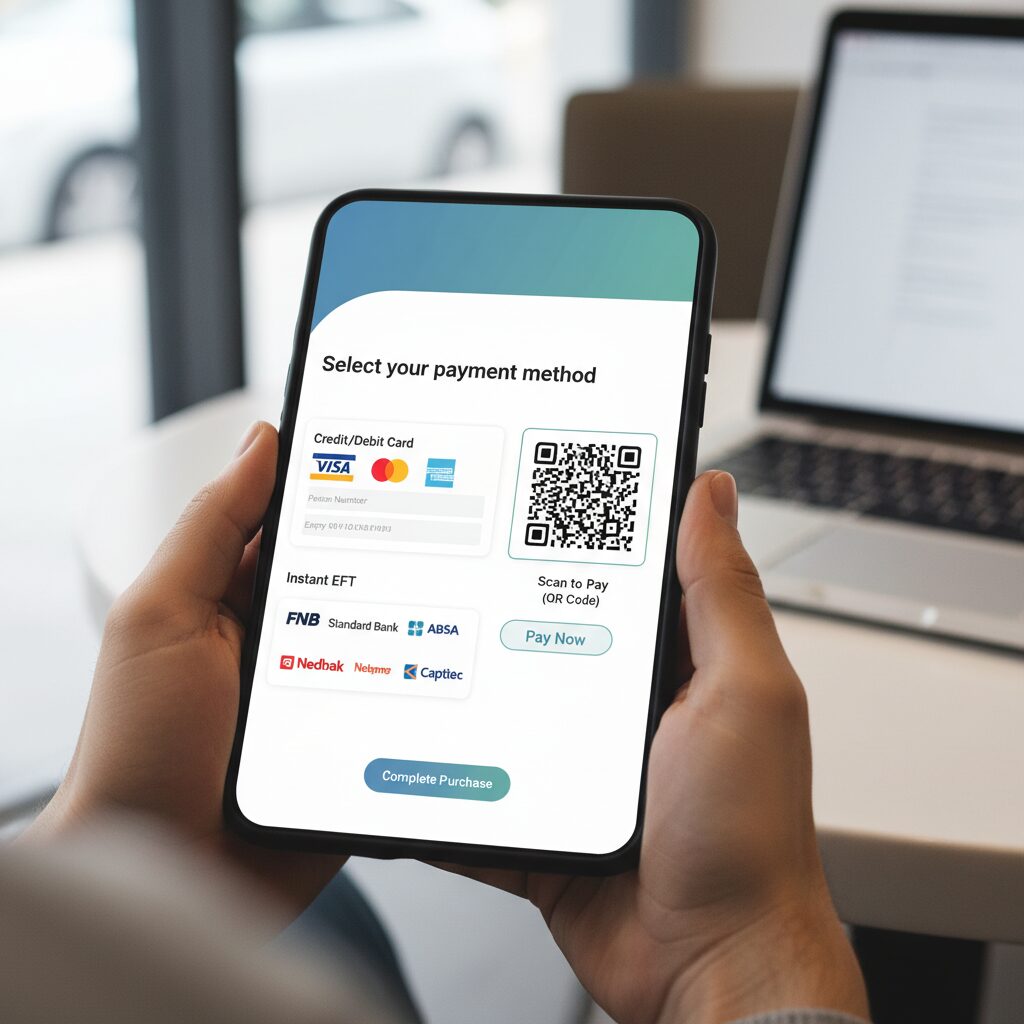 A clean UI design showcasing a variety of payment options available in South Africa, with icons for credit cards, Instant EFT, and QR codes arranged neatly on a digital screen, held by a customer completing an online purchase.