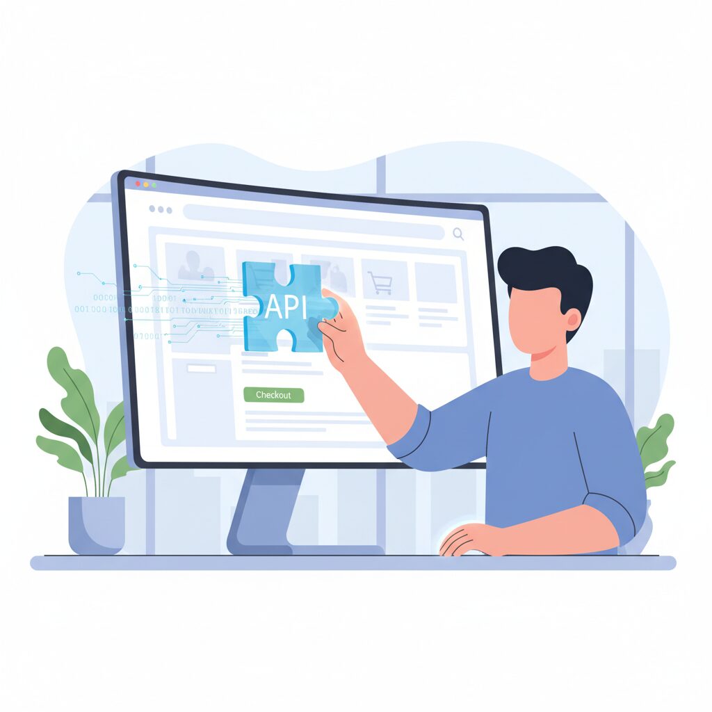 Corporate illustration of a developer integrating a payment gateway into a website, visualized as connecting a luminous digital puzzle piece labeled 'API' into a clean, modern e-commerce UI on a large monitor.