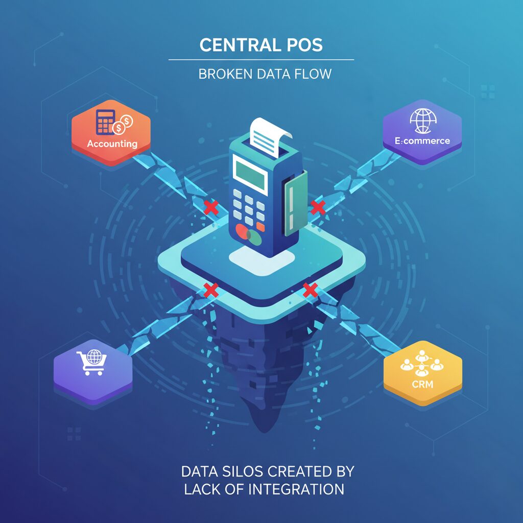 A corporate illustration showing a central POS icon as a disconnected island, with broken data bridges leading to other crucial business apps for accounting, e-commerce, and CRM, highlighting the data silos created by the absence of critical integrations.
