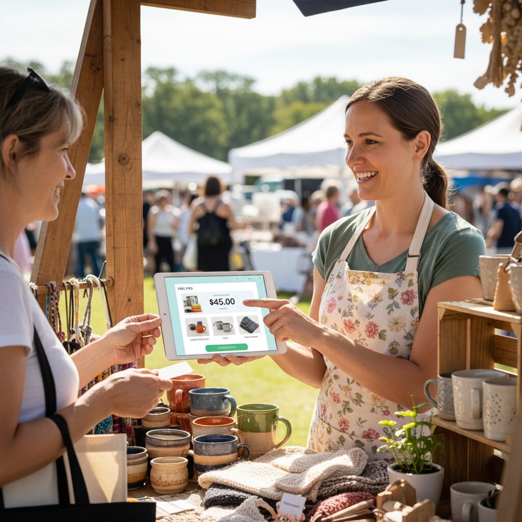 A cheerful small business owner at a craft market stall uses a tablet with a clean POS interface to easily complete a sale for a customer; this photorealistic shot captures the simplicity and accessibility of free POS software for new ventures.