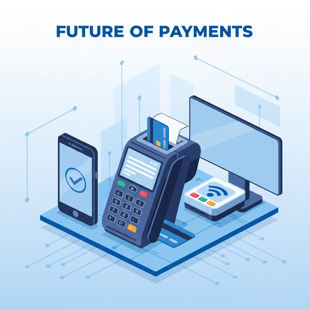 Corporate illustration displaying a variety of modern payment terminals—a handheld mobile terminal, a stationary countertop machine, and an integrated POS system—arranged neatly against a clean, minimalist background. The style is tech-savvy, using a blue and white color palette to emphasize professional B2B technology.