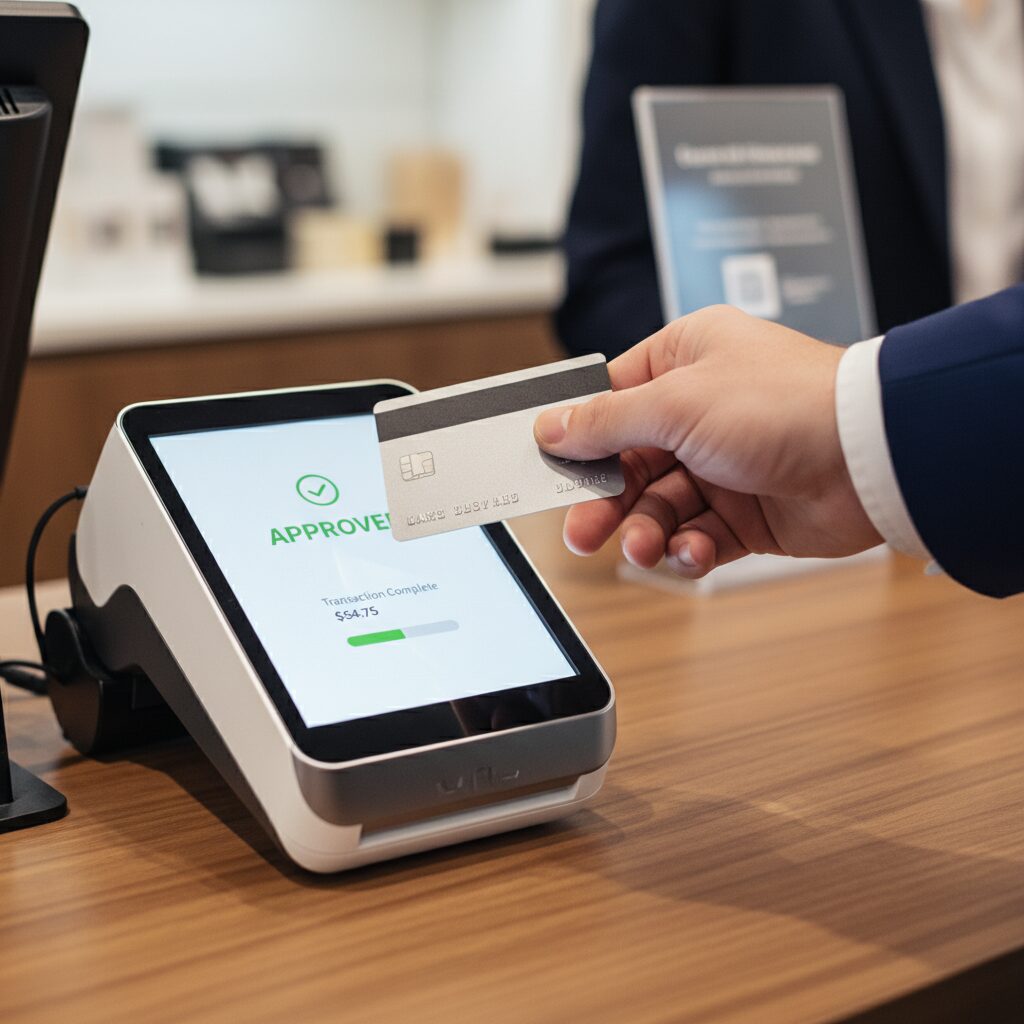A dynamic, high-detail photorealistic image showing a close-up of a customer's hand tapping a contactless credit card on a modern payment terminal. The terminal screen shows a clean UI design with an 'Approved' message, emphasizing speed and convenience in a professional retail environment.