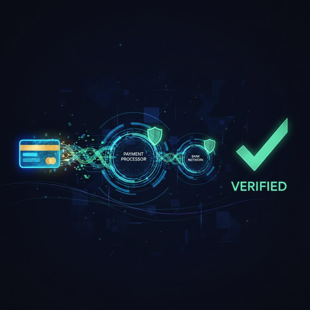 Abstract tech data visualization showing the secure flow of payment information. A glowing credit card icon on the left sends encrypted data packets through a series of secure, illuminated nodes representing the payment processor and bank networks, resolving in a 'verified' checkmark icon on the right.