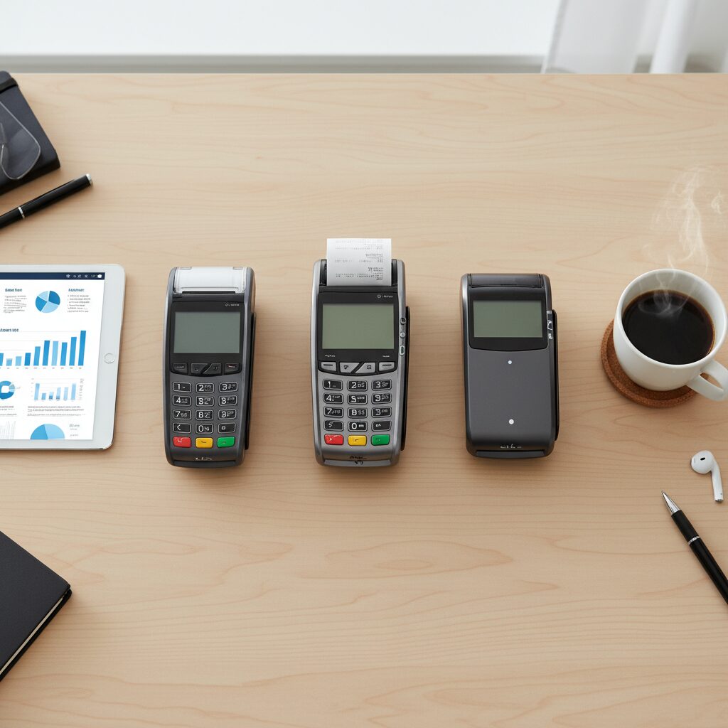A top-down, photorealistic flat-lay of three distinct, unbranded mobile POS card machines arranged neatly on a modern office desk next to a tablet and a cup of coffee. The clean, professional B2B aesthetic highlights the variety of hardware choices available to businesses.