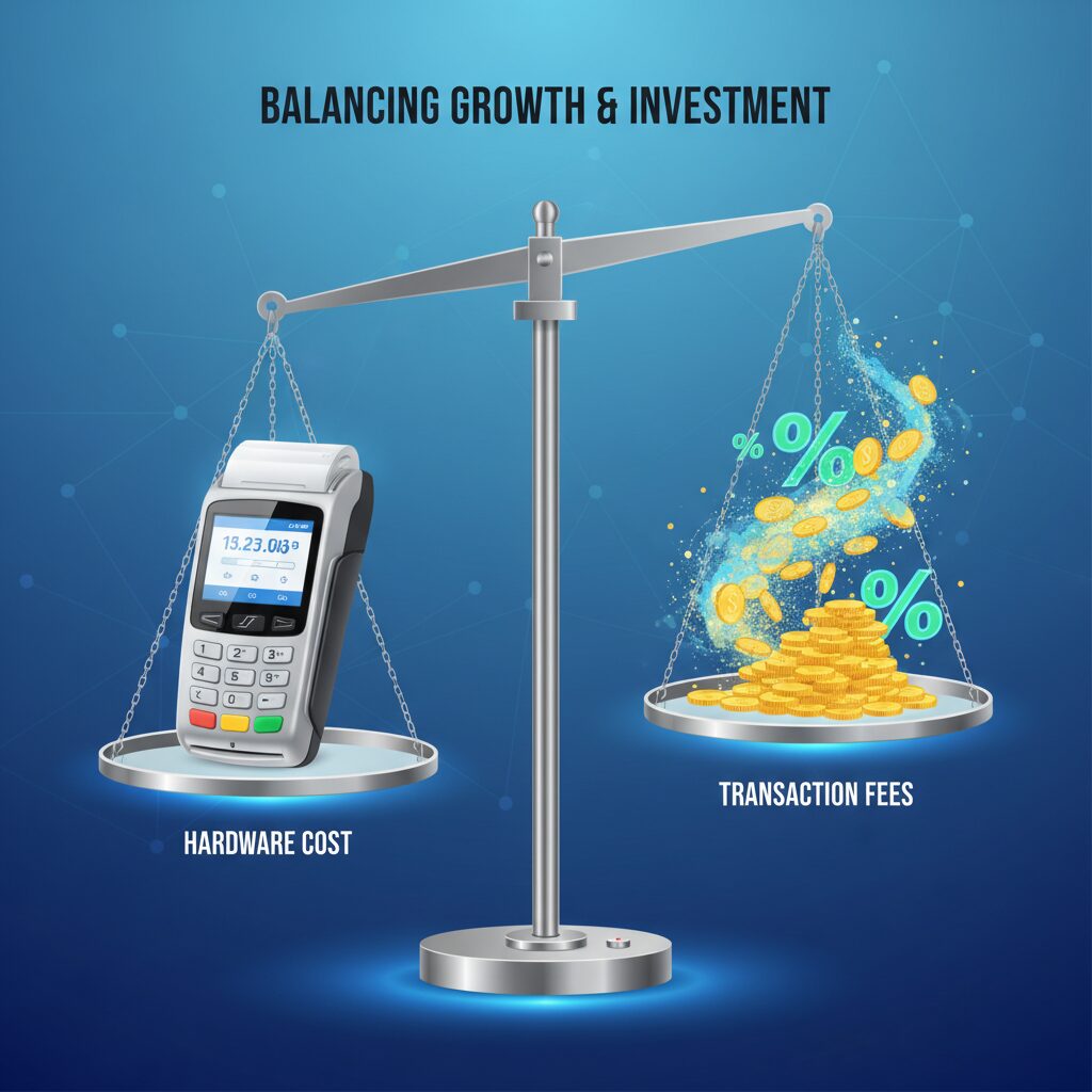 A corporate illustration featuring a stylized digital scale. On one side sits a photorealistic, modern card machine, and on the other side, a glowing, abstract pile of coins and percentage symbols, visually representing the balance between upfront hardware costs and long-term transaction fees.