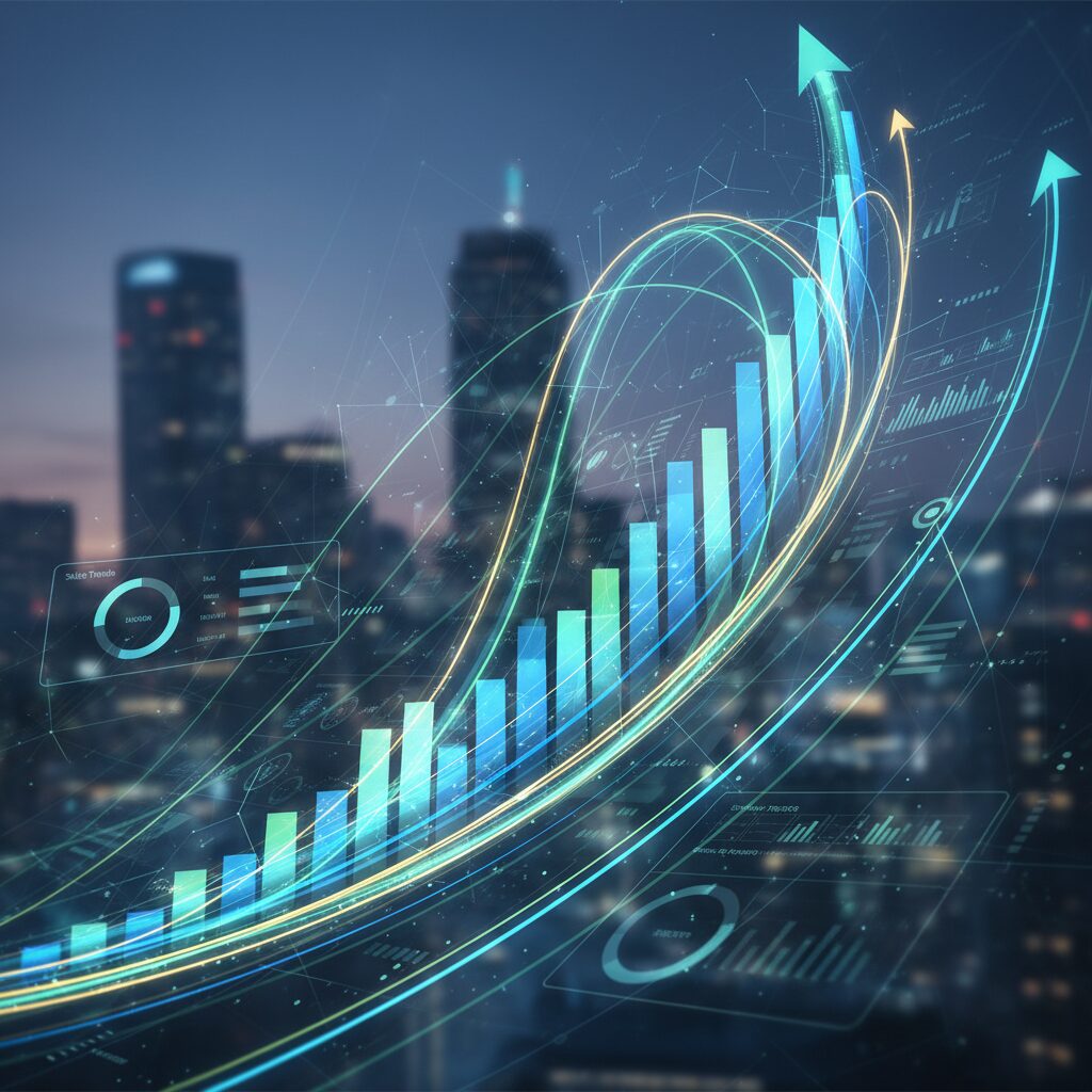 Abstract tech data visualization representing business growth, with glowing lines and graphs moving upwards. The background includes faint, clean UI elements from a financial report, with keywords like 'Sales Trends,' 'Payout Reports,' and 'Growth' subtly integrated.