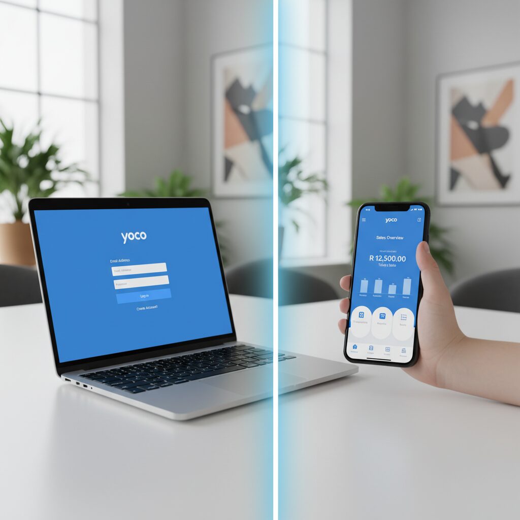 A professional, split-screen style image showing the Yoco Business Portal login screen on a sleek laptop on the left and the mobile app dashboard on a smartphone on the right, emphasizing multi-device accessibility. The background is a modern, slightly blurred office environment.