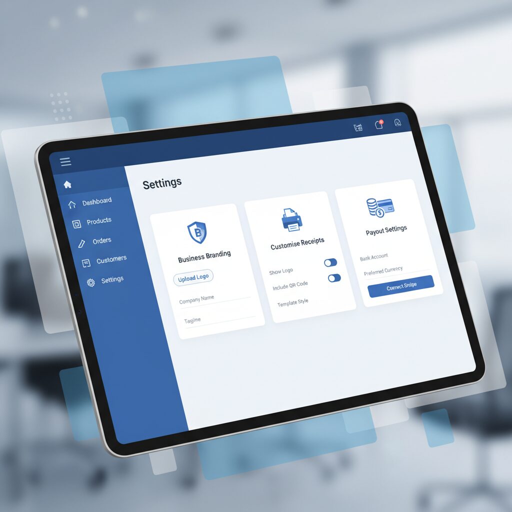 Corporate illustration showing a close-up of a clean UI design for a business dashboard. The screen highlights features like 'Business Branding' with a logo upload, 'Customise Receipts,' and 'Payout Settings,' with icons and crisp typography.