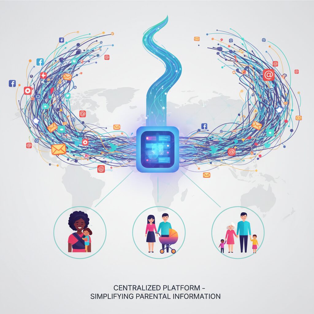 Corporate illustration of a central, glowing digital hub that organizes chaotic streams of information (representing emails and social media) into a single, streamlined data flow to icons of diverse parents, symbolizing the efficiency of a centralized platform.