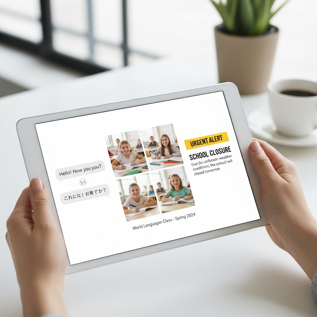 ​A person holding a tablet displaying a school closure alert and classroom photos, demonstrating how schools use communication apps and chatting apps to keep parents informed.