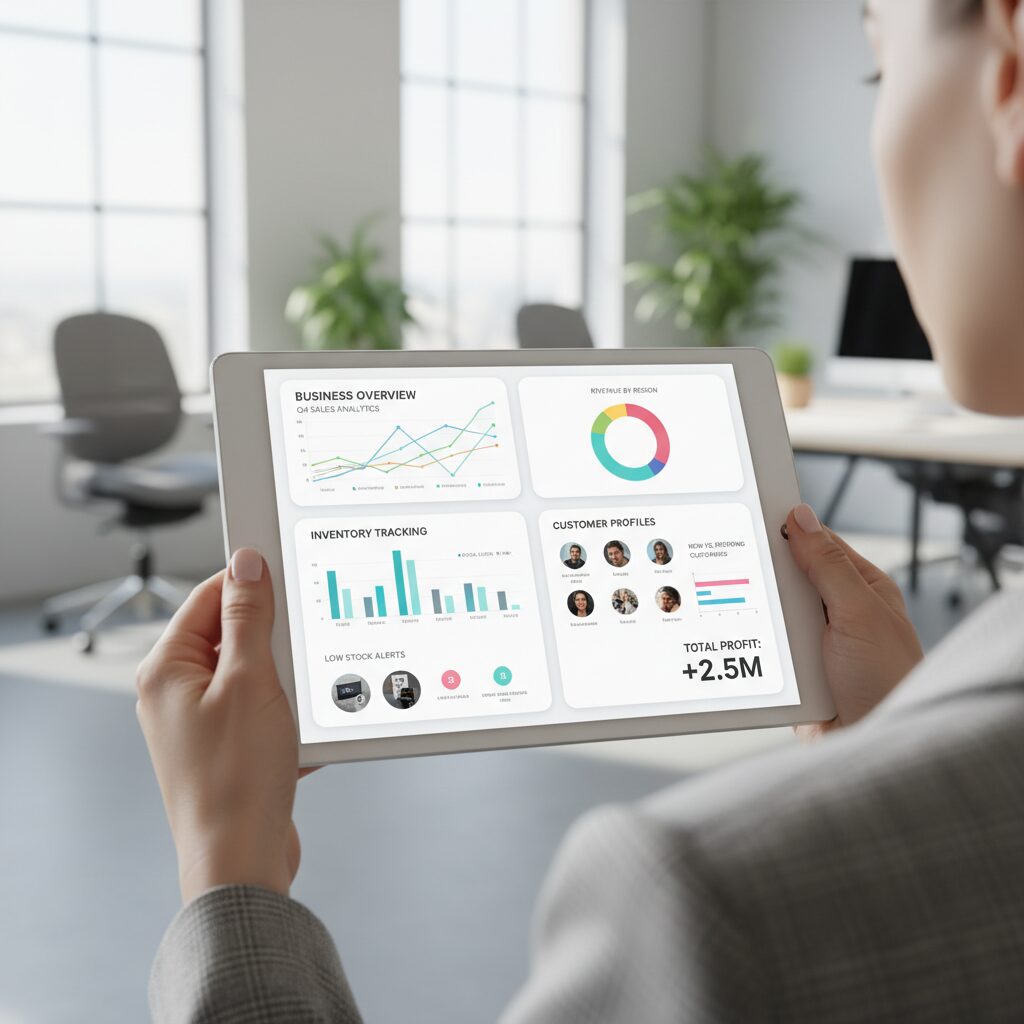 A clean UI design of a business management dashboard on a tablet, showcasing colourful graphs for sales analytics, inventory tracking, and customer profiles. The tablet is being held by a professional in a modern office setting, highlighting the software's powerful features.