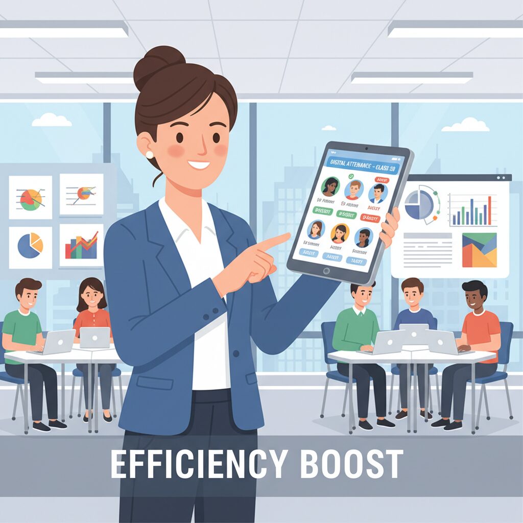 Corporate illustration of a teacher in a modern classroom using a tablet to take digital attendance, with the user interface clearly showing student profiles and status, emphasizing efficiency.