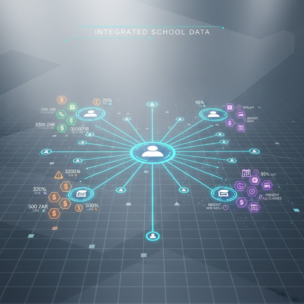 Abstract tech visualization of integrated school data, showing interconnected nodes representing students, linking payment status in ZAR and attendance records, all on a clean, corporate background.
