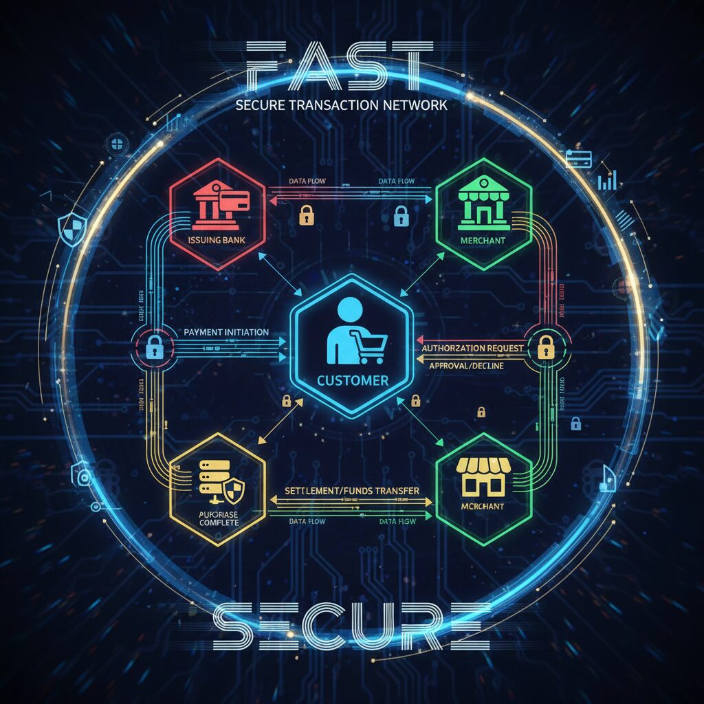 Abstract tech data visualization showing the four-party payment model, with glowing lines connecting icons representing the customer, merchant, issuing bank, and acquiring bank, demonstrating a secure and fast transaction process.