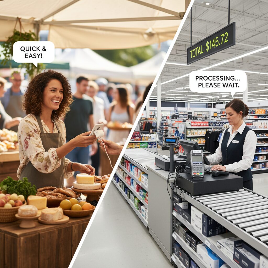 A dynamic split-screen image: one side shows a small business owner at an outdoor market using a mobile fintech card reader, and the other shows a cashier in a large retail store using a traditional bank terminal, highlighting the contrast between agility and scale.