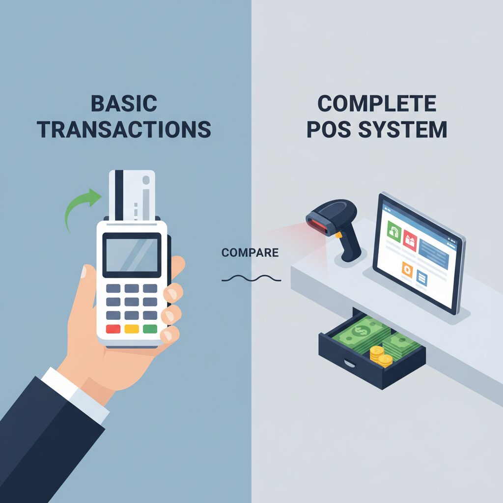 A clean, corporate illustration showing a side-by-side comparison: on one side, a simple handheld mobile card reader for basic transactions, and on the other, a complete Point of Sale system with a tablet, barcode scanner, and cash drawer.