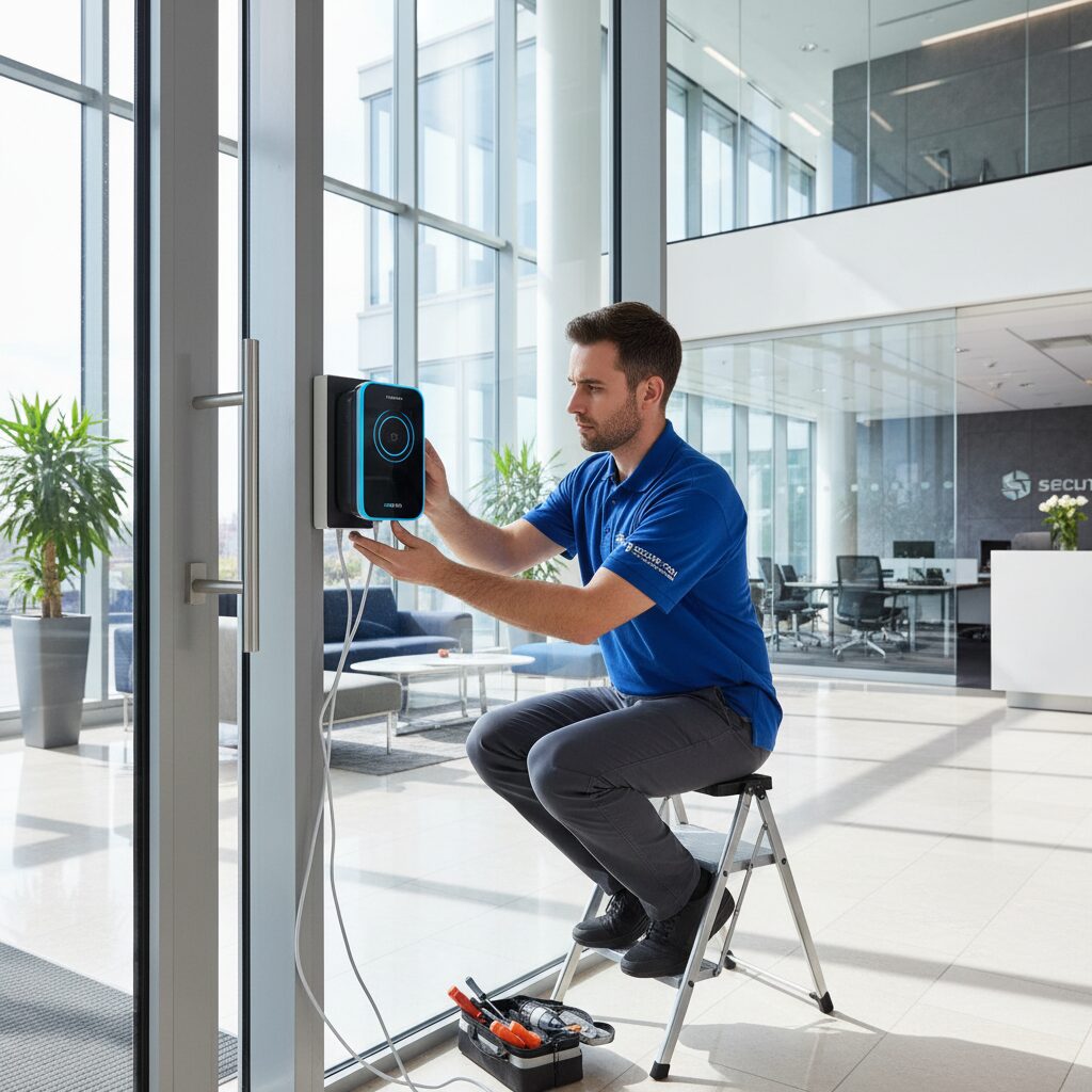 A professional technician in a branded uniform is carefully installing a biometric facial recognition scanner next to a glass door in a brightly lit, modern corporate office. The image should be a photorealistic, wide-angle shot showing clean wiring, the technician's tools, and the professional ambiance of the building, highlighting the integration of technology into the workplace.