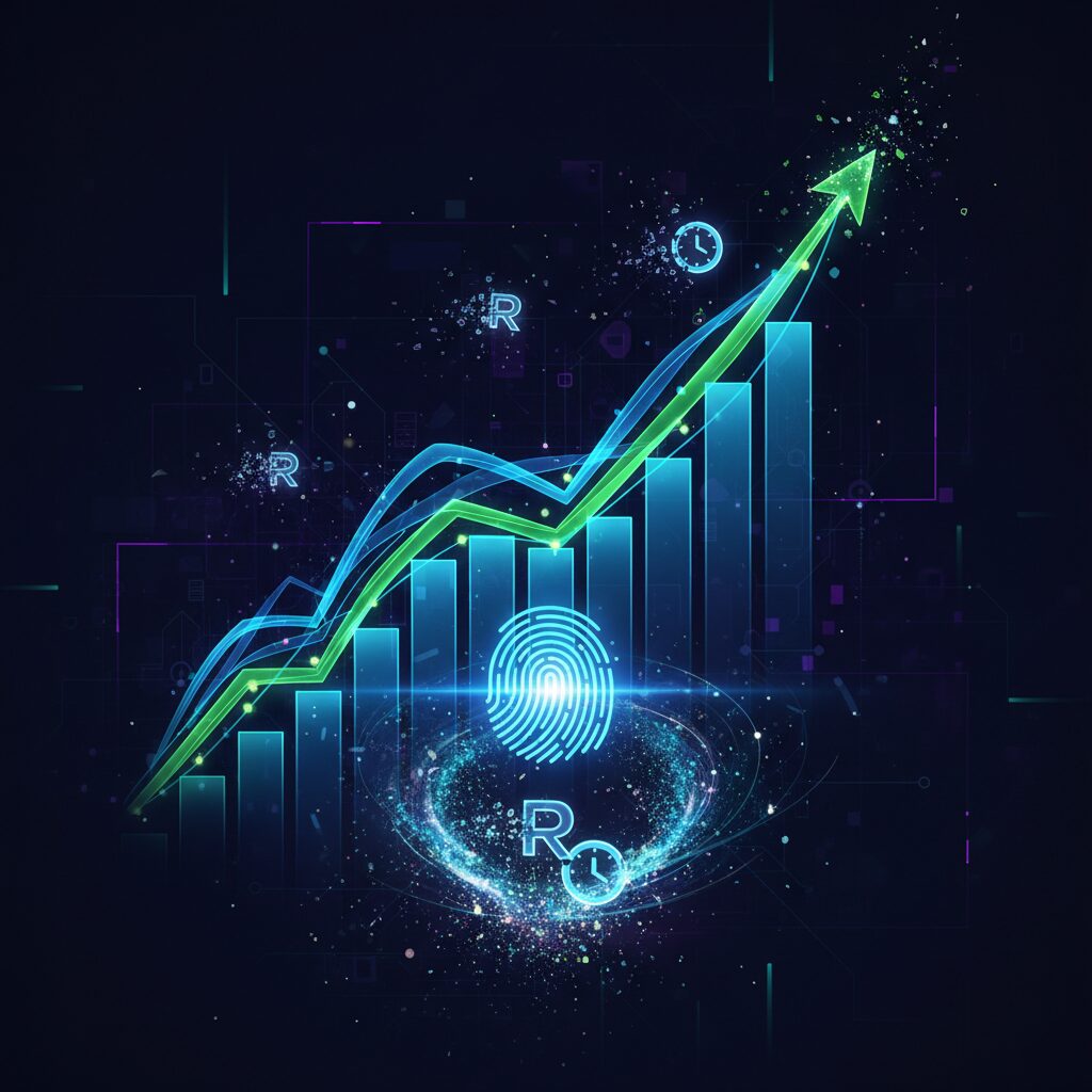 An abstract data visualization representing return on investment, with glowing digital lines forming a bar chart that rises dramatically, originating from a central biometric fingerprint icon. The background should be a dark, tech-focused design, with floating currency symbols (South African Rand - R) and clock icons being eliminated, symbolizing the savings from preventing time theft.