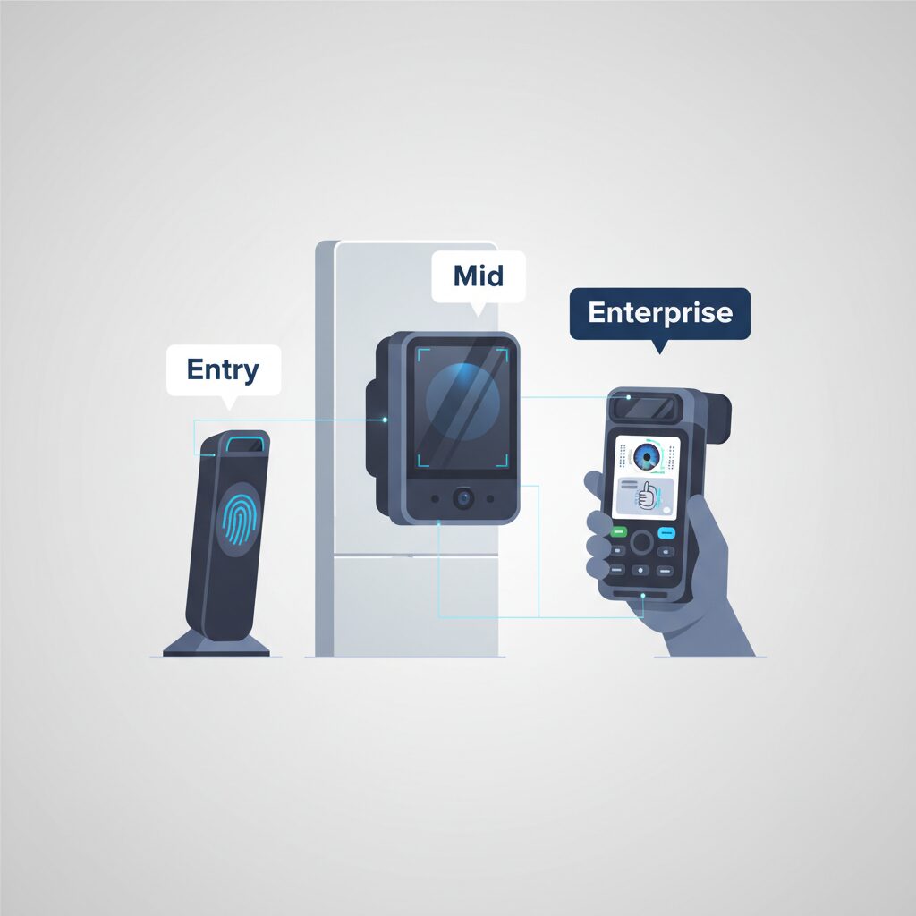A corporate illustration showcasing a range of biometric devices—a sleek fingerprint scanner, a wall-mounted facial recognition terminal, and a handheld multimodal device—arranged neatly on a neutral background. The style should be clean and minimalist, with subtle price tags or tier labels (Entry, Mid, Enterprise) floating near each device to represent different investment levels.