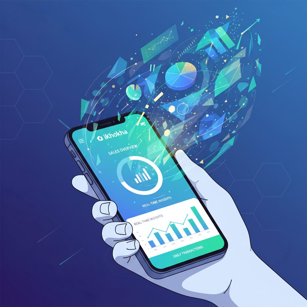 Corporate illustration style showing a smartphone with the iKhokha app's dashboard. Abstract data visualizations and glowing charts emanate from the screen, representing sales analytics and real-time business insights.