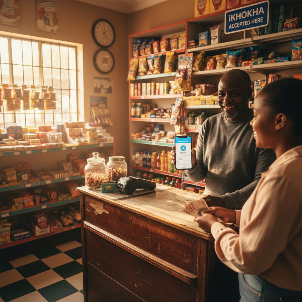 A warm, photorealistic scene in a South African convenience store where a friendly merchant is using the iKhokha app on their phone to help a customer purchase prepaid electricity, highlighting the iK Vend feature.