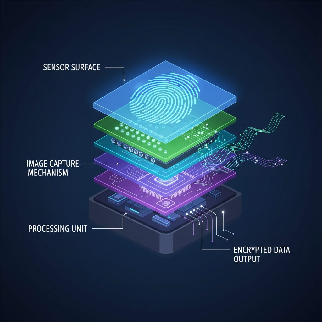 Corporate illustration showing a cross-section of a fingerprint scanner, revealing its internal components. The image should feature clearly defined, glowing layers for the sensor surface, image capture mechanism, and processing unit, with abstract data streams flowing between them, in the style of a clean, technical diagram.