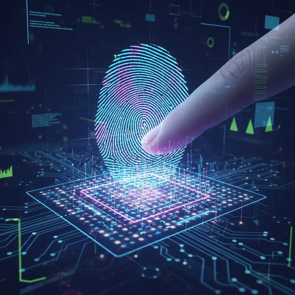 A close-up, high-tech illustration of a capacitive fingerprint scan. The image shows a fingerprint's ridges making contact with a glowing grid of micro-capacitors, with electric charges mapping the unique pattern. The visual style is abstract and futuristic, emphasizing the precision of the technology.