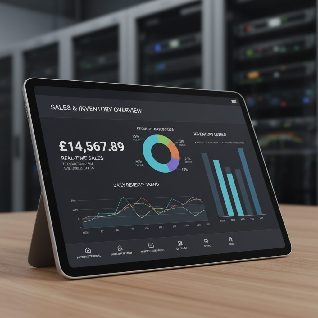 Corporate illustration showing a business owner analyzing two distinct financial graphs on a futuristic, transparent screen. One graph depicts a flexible, pay-as-you-go cost structure, while the other shows a fixed monthly cost, visually representing the different pricing models of mobile vs. traditional POS systems.