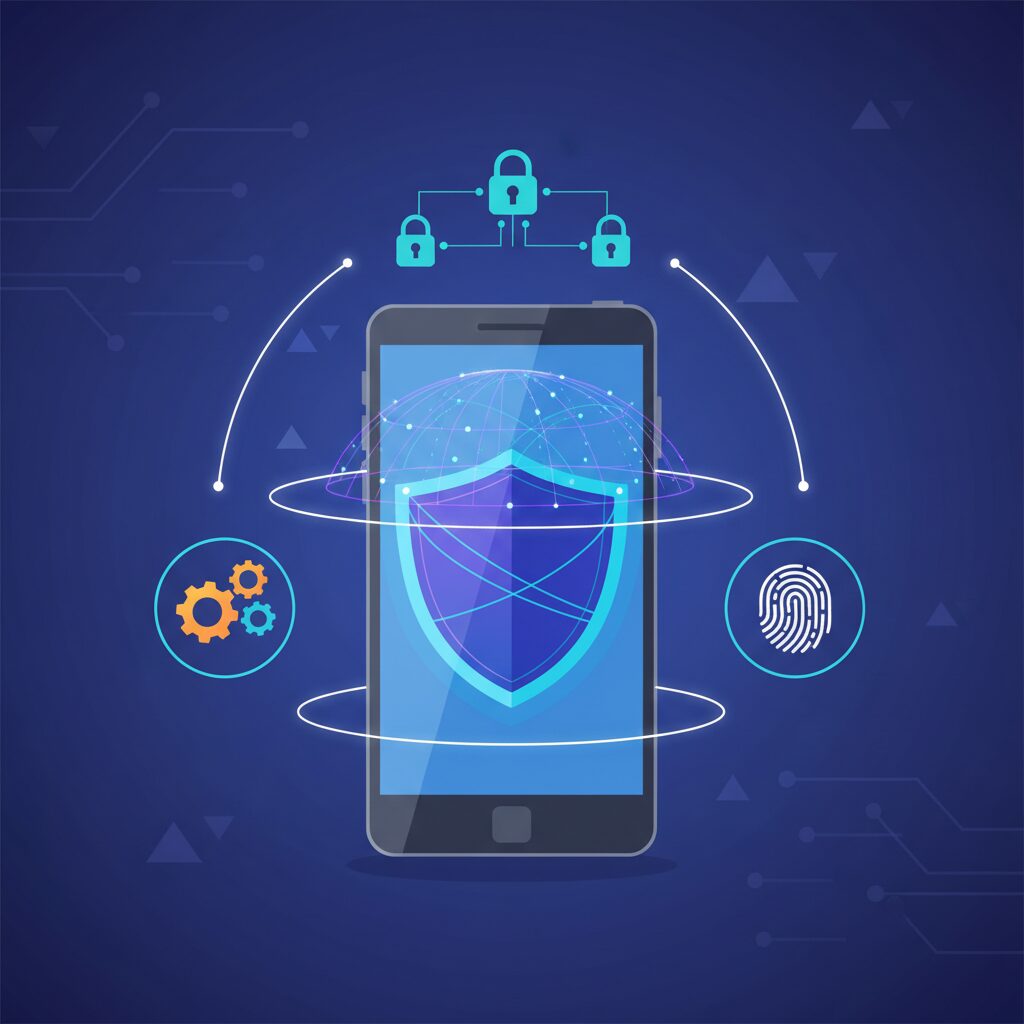 A clean corporate illustration showing a smartphone at the center, encircled by a glowing digital shield icon. Abstract symbols for data tokenization, biometrics (fingerprint), and encryption float around the shield, visually representing the multi-layered security framework of mobile payments.